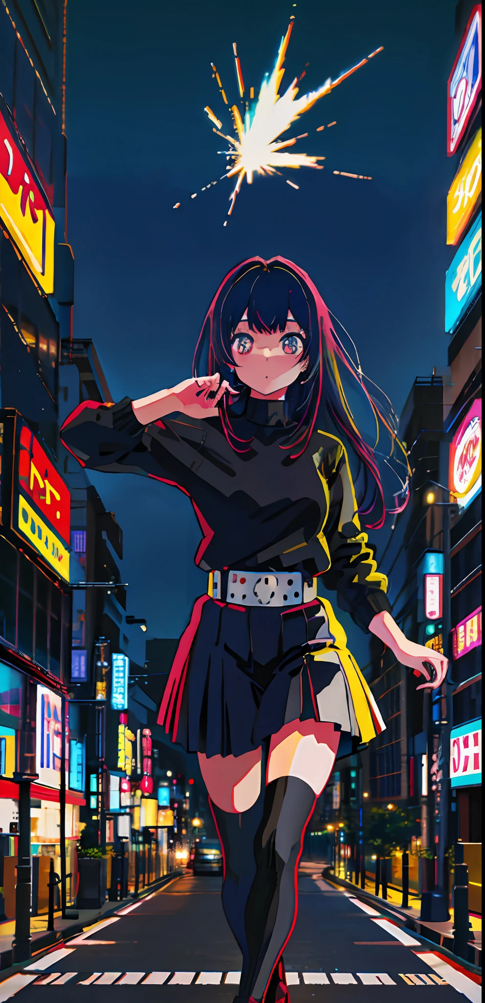 1 Mädchen, Allein, schwarzer Pullover Uniform, bangs,Glücklich,posiert, mehrfarbige Haare, (Meisterwerk:1.2), highres, beste Qualität, 8k, Nacht Neon Stadt Tokio Hintergrund, weißes Haar