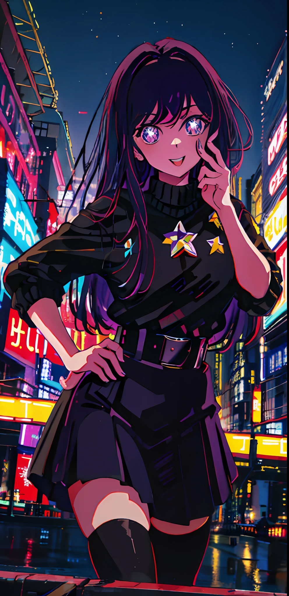 1girl, solo, black sweater uniform, bangs,happy,posing, multicolored hair, (masterpiece:1.2), highres, best quality, 8k, Night neon city Tokyo background,purple hair, star eye pupils, purple eyes