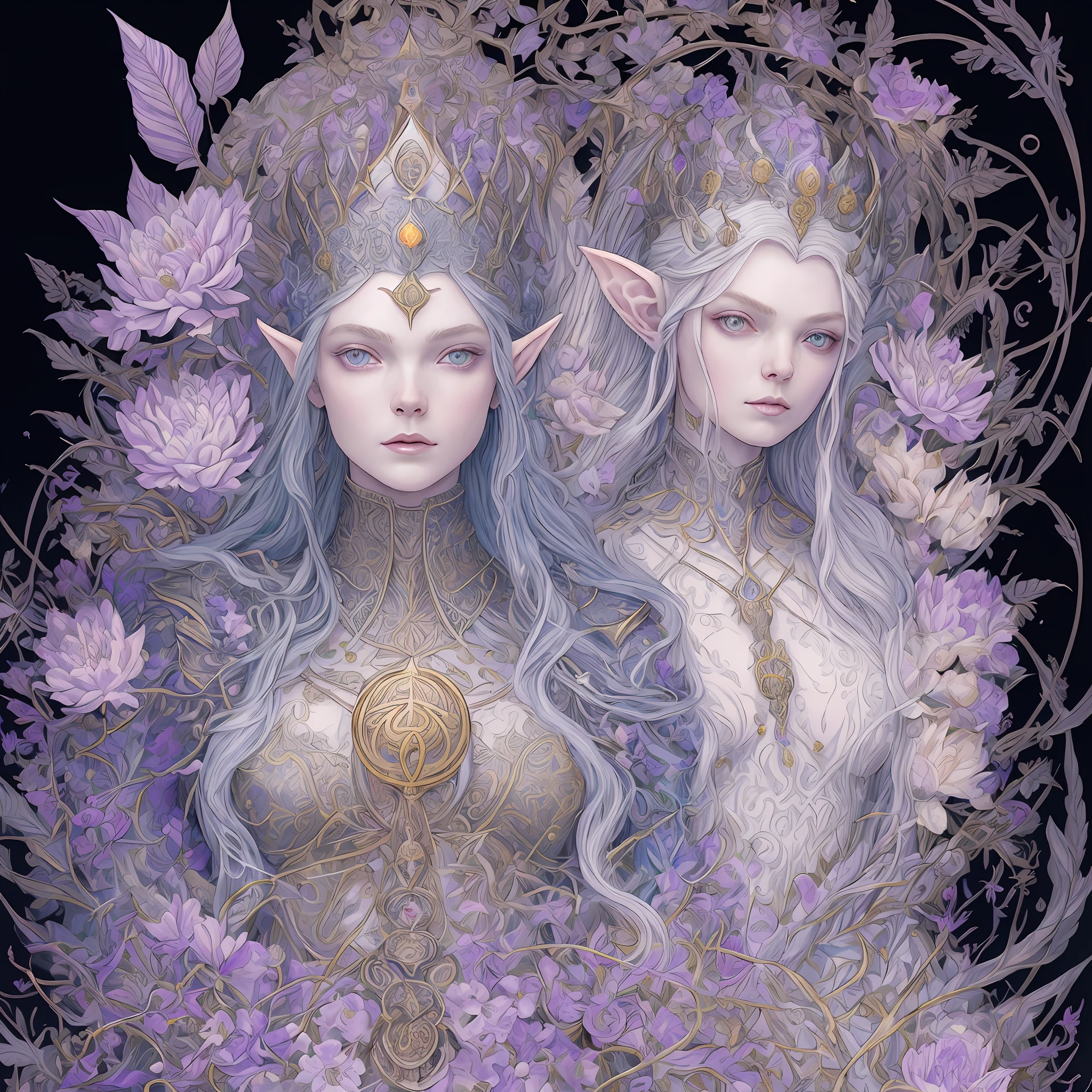 Uma carta de tarô de uma linda e linda rainha guerreira elfa, magia fractal, ilustração no estilo de Travis Charest, linhas de tinta, poster, Modelo Elle Fanning, sociedade cg, arte de fantasia, detalhado illustration, místico, Uma obra-prima botânica, detalhado, hiper-realista, elementos de simbolismo e surrealismo, design intrincado, entrelaçado, Mulher bonita, Flores, pastel.