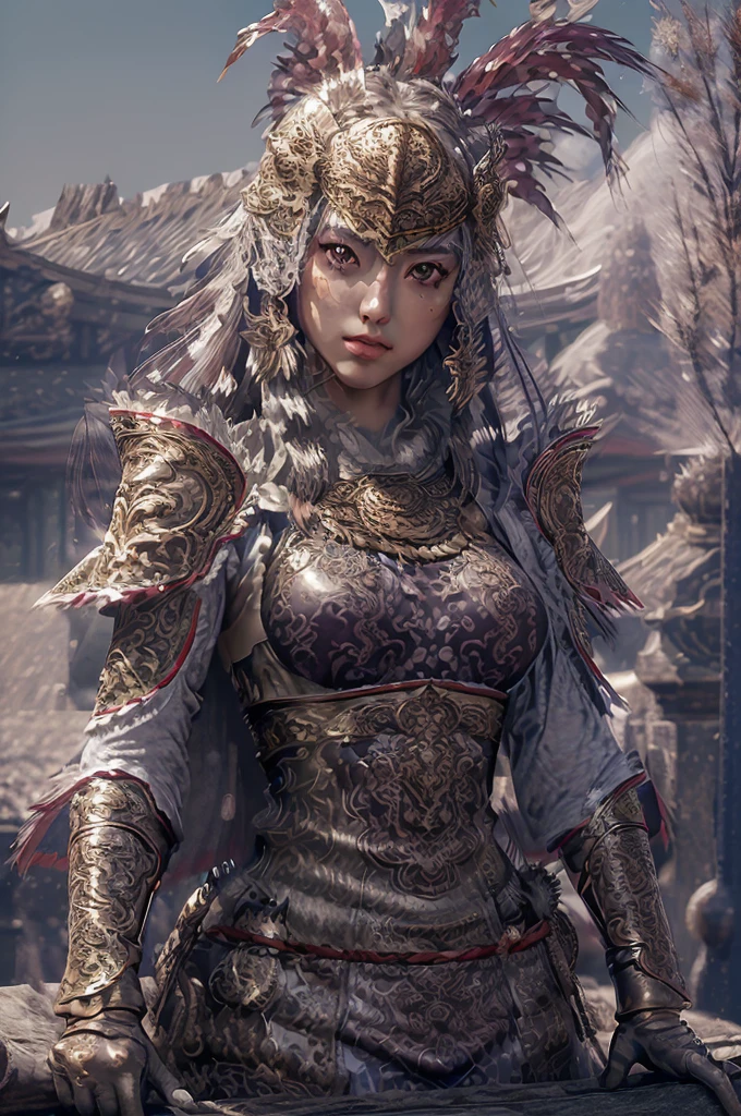 ((masterpiece))), (((best quality))), ((ultra-detailed)), (hyperrealistic), (highly detailed CG illustration), cinematic light, photorealistic ,extremely beautiful young lady, (beautiful face and lips), light makeup, big breast,  intricate purple eaba, purple cape, spear, trending on artstation.