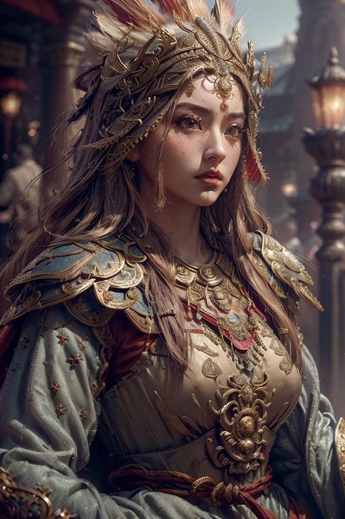 ((masterpiece))), (((best quality))), ((ultra-detailed)), (hyperrealistic), (highly detailed CG illustration), cinematic light, photorealistic ,extremely beautiful young lady, (beautiful face and lips), light makeup, big breast,  intricate detailed eaba, red cape, spear, trending on artstation.