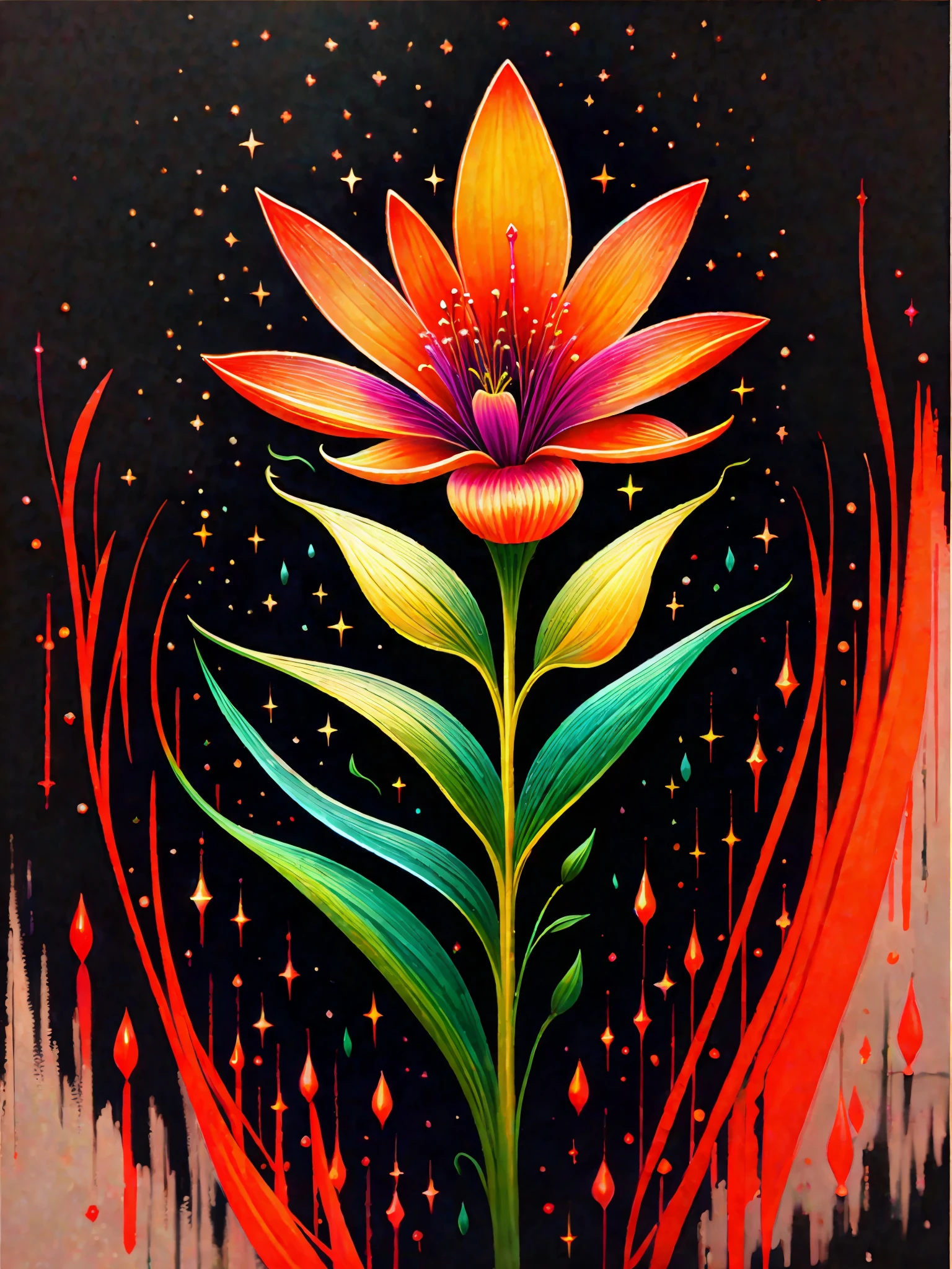 a painting of a colored lily on a black background,, breathtaking  rendering, within a radiant connection, inspired by Kinuko Y. Craft -  SeaArt AI