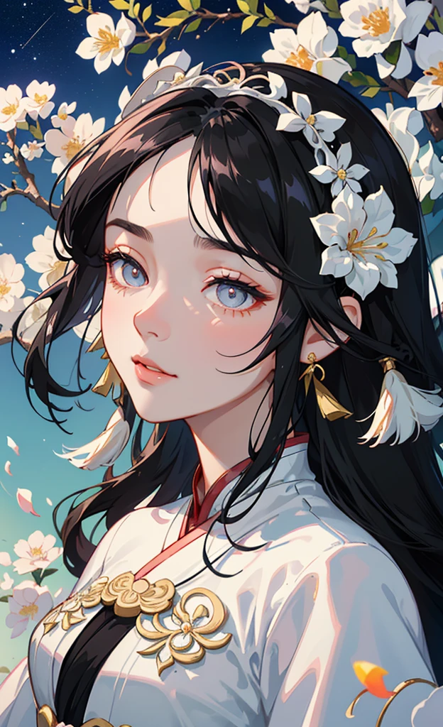 Mature girl , black hair, floating hair, delicate and smart eyes, starry pupils, intricate damask hanfu, gorgeous accessories, wearing pearl earrings, FOV, f1.8, masterpiece, complex scene, flower petals flying, front portrait shot, Chang'e