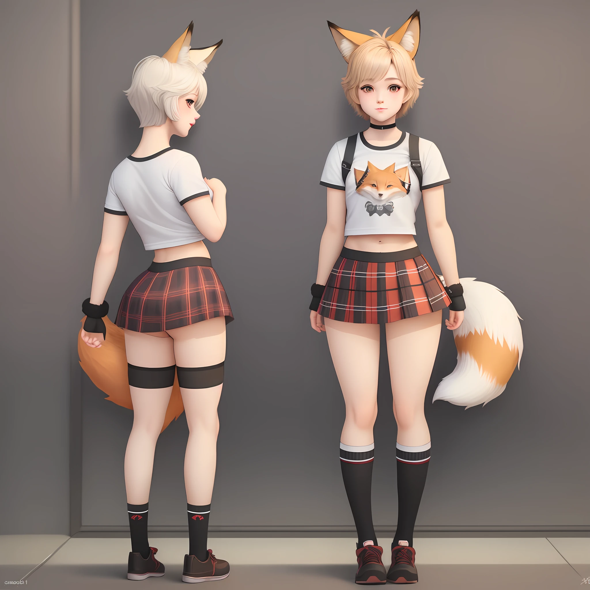 Two anime girls in skirts and t - shirts with a fox on their head - SeaArt  AI