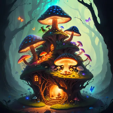 majistic anthill with mushroom and  glowing dragonfly sitting on top, fantasy, art