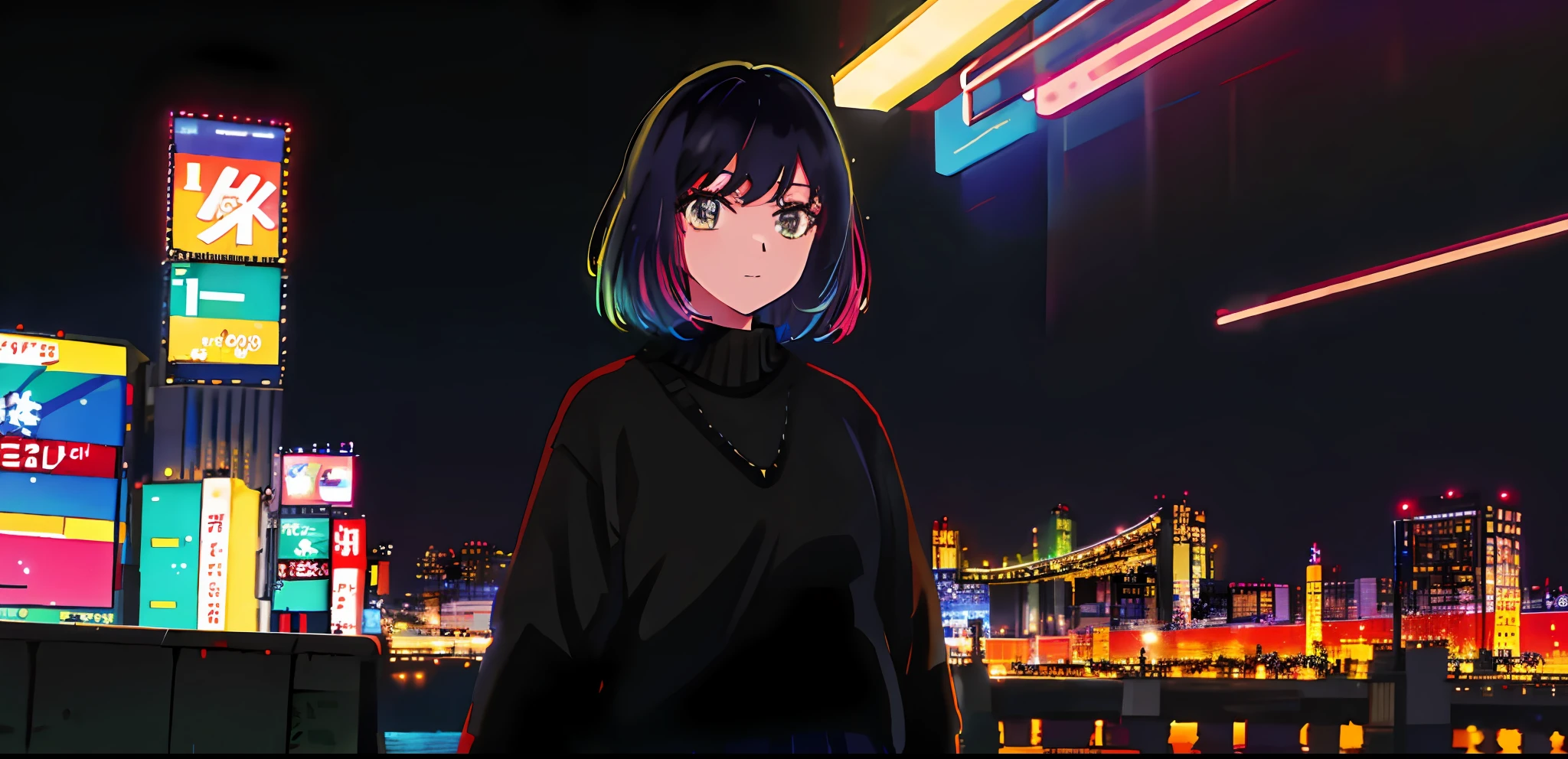 1 Mädchen, Allein, schwarzer Pullover Uniform, bangs,Glücklich,posiert, mehrfarbige Haare, (Meisterwerk:1.2), highres, beste Qualität, 8k, Nacht Neon Stadt Tokio Hintergrund,