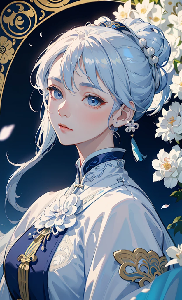 Mature girl, blue and white hair color, inner pick dye, floating hair, delicate and smart eyes, intricate damask hanfu, gorgeous accessories, wearing pearl earrings, FOV, f/1.8, masterpiece, complex scene, petals flying, front portrait shot, Chang'e, side lighting