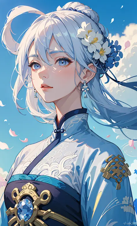 Mature girl, blue and white hair color, floating hair, delicate and flexible eyes, intricate brocade hanfu, gorgeous accessories, wearing pearl earrings, FOV, f/1.8, masterpiece, ancient Chinese style architecture, blue sky, flower petals flying, front portrait shot, Chang'e, side lighting, sunlight shining on people