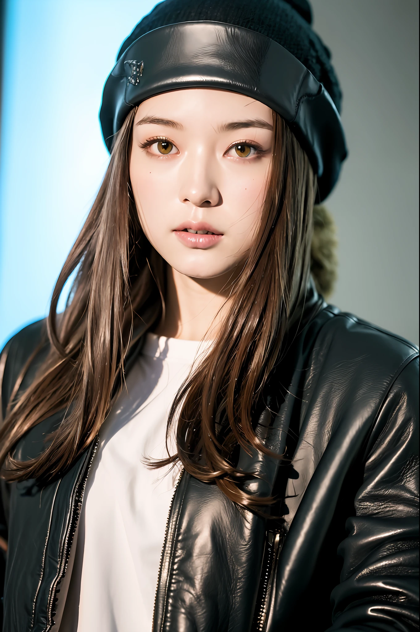 (
(8k:1.27), best quality, masterpiece, ultra highres:1.2) Photo of Pretty Japanese woman
 (beautiful:1.1) (sci-fi warrior woman:1.1) space soldier, (beanie:1.61) (leather jacket:1.21) intricate elegant, fantasy, detailed, ometric by greg rutkowski and alphonse mucha, gradient lighting