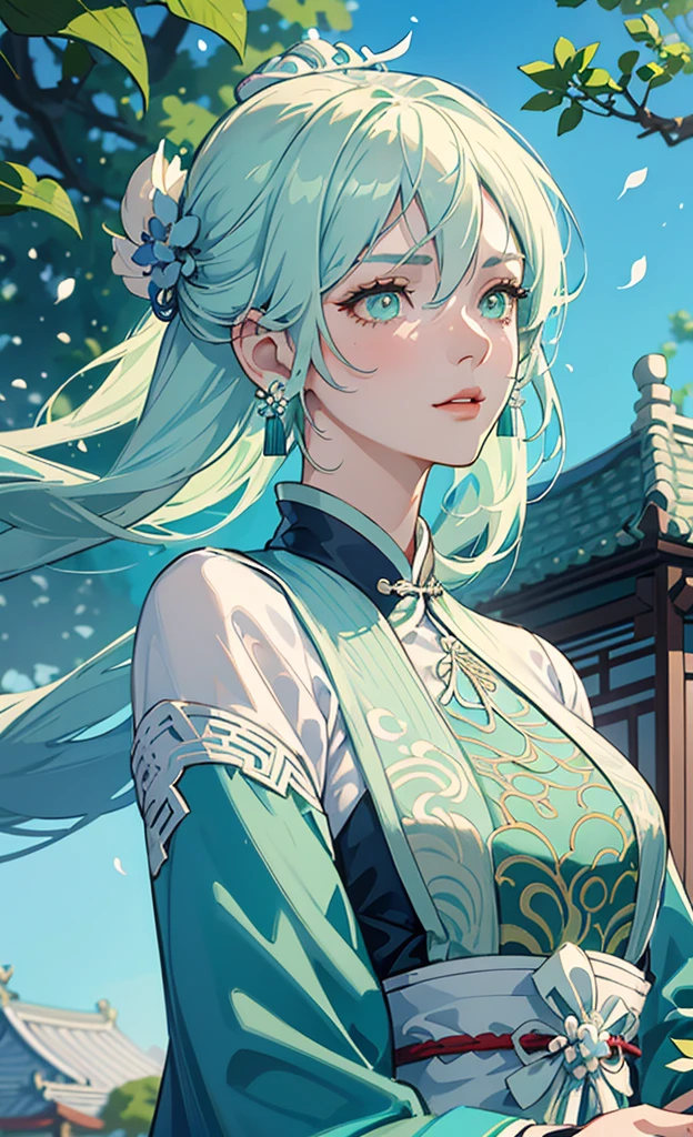Mature girl , green pupils, blue-white hair color, floating hair, delicate and flexible eyes, intricate damask Hanfu, gorgeous accessories, wearing pearl earrings, fov, f/1.8, masterpiece, ancient Chinese style architecture, blue sky, flower petals flying, front portrait shot, Chang'e, side lighting, sunlight on people, 8K