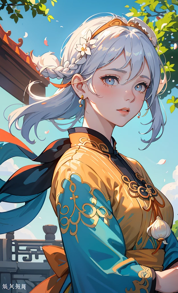 Mature girl, orange pupils, blue-white hair color, floating hair, delicate and flexible eyes, intricate damask Hanfu, gorgeous accessories, wearing pearl earrings, fov, f/1.8, masterpiece, ancient Chinese architecture, blue sky, flower petals flying, front portrait shot, Chang'e, side light, sunlight shining on people, 8K