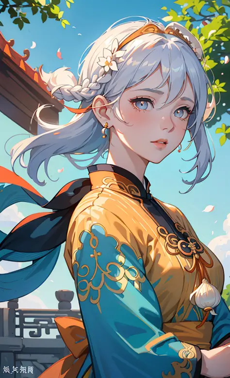 Mature girl, orange pupils, blue-white hair color, floating hair, delicate and flexible eyes, intricate damask Hanfu, gorgeous a...