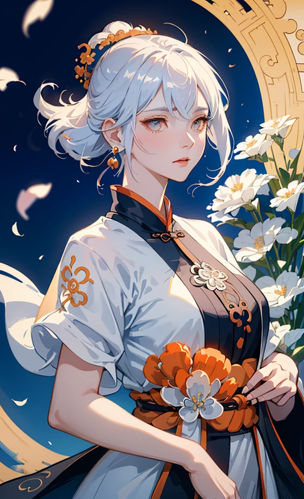 Mature girl, orange eyes, blue-white hair color, floating hair, delicate and flexible eyes, intricate damask hanfu, gorgeous accessories, wearing pearl earrings, fov, f/1.8, masterpiece, ancient Chinese architecture, blue sky, flower petals flying, front portrait shot, Chang'e, side lighting, sunlight on people, 8K