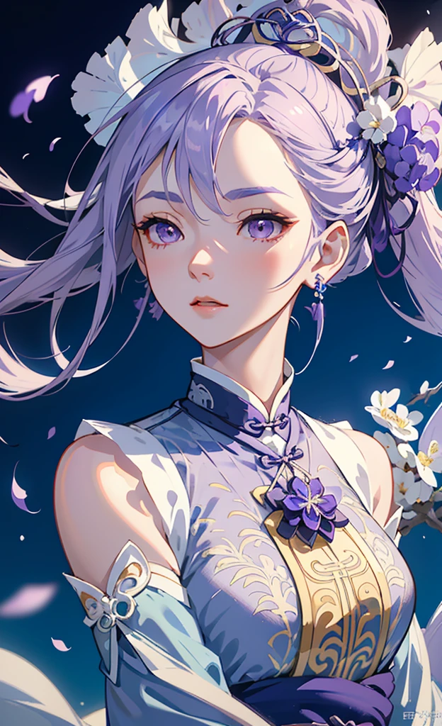 Mature girl, purple eyes, blue-white hair color, floating hair, delicate and flexible eyes, intricate damask hanfu, gorgeous accessories, wearing pearl earrings, fov, f/1.8, masterpiece, ancient Chinese architecture, blue sky, flower petals flying, front portrait shot, Chang'e, side lighting, sunlight on people, 8K