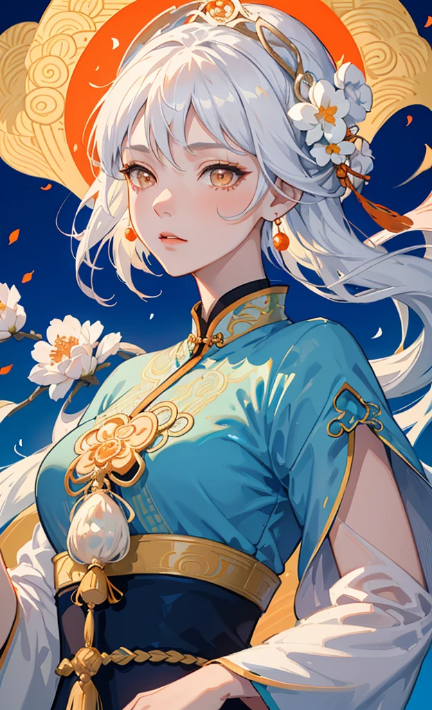 Mature girl, orange eyes, blue-white hair color, floating hair, delicate and flexible eyes, intricate damask hanfu, gorgeous accessories, wearing pearl earrings, fov, f/1.8, masterpiece, ancient Chinese architecture, blue sky, flower petals flying, front portrait shot, Chang'e, side lighting, sunlight on people, 8K