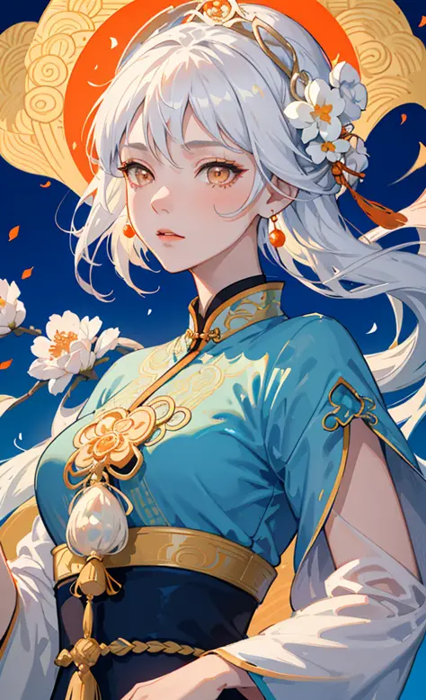 Mature girl, orange eyes, blue-white hair color, floating hair, delicate and flexible eyes, intricate damask hanfu, gorgeous acc...