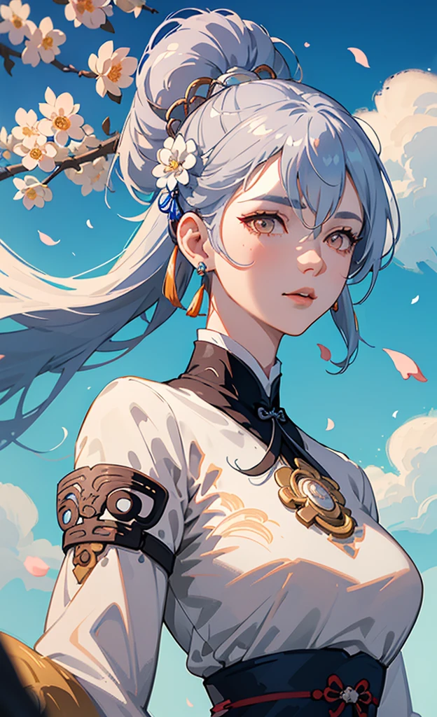 Mature girl , dark orange eyes, blue and white hair color, floating hair, delicate and smart eyes, intricate damask hanfu, gorgeous accessories, wearing pearl earrings, fov, f/1.8, masterpiece, ancient Chinese architecture, blue sky, flower petals flying, front portrait shot, Chang'e, side lighting, sunlight on people, 8K