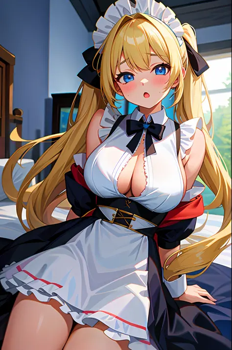 masterpiece,best quality,bed room,(very cute girl:1.4),blush,:o,Glowing and sweaty skin,(large breasts:1.3),maid headdress,maid costume,(twintails,long blonde hair:1.2) BREAK hair bow,drooping blue eyes, fuw,