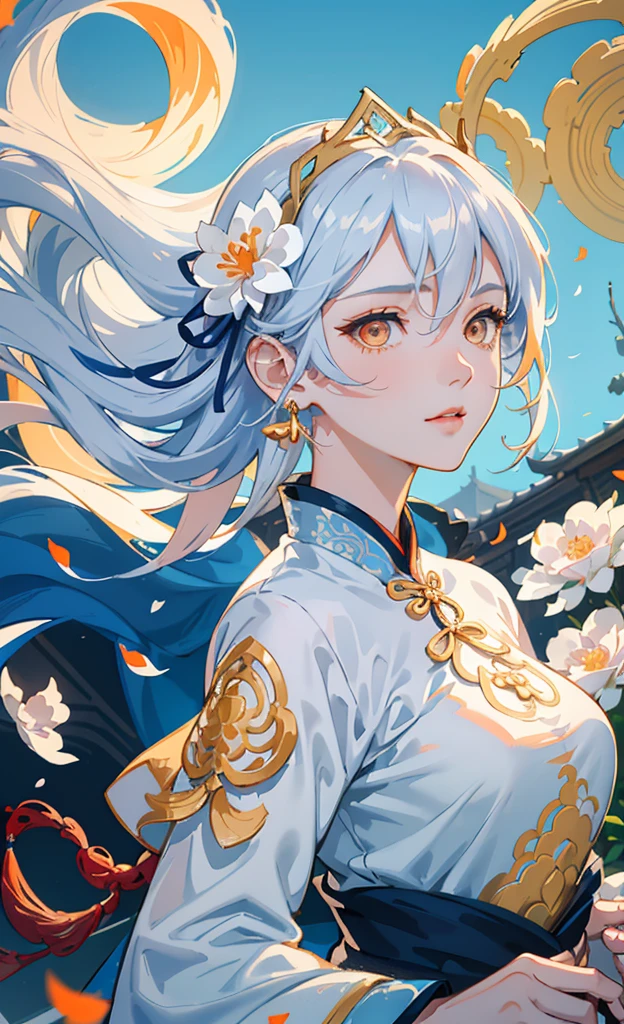 Mature girl , orange eyes, blue and white hair color, floating hair: 10, delicate and smart eyes, intricate damask hanfu, gorgeous accessories, wearing pearl earrings, fov, f/1.8, masterpiece, ancient Chinese architecture, blue sky, flower petals flying, front portrait shot, Chang'e, side light, sunlight on people, 8K