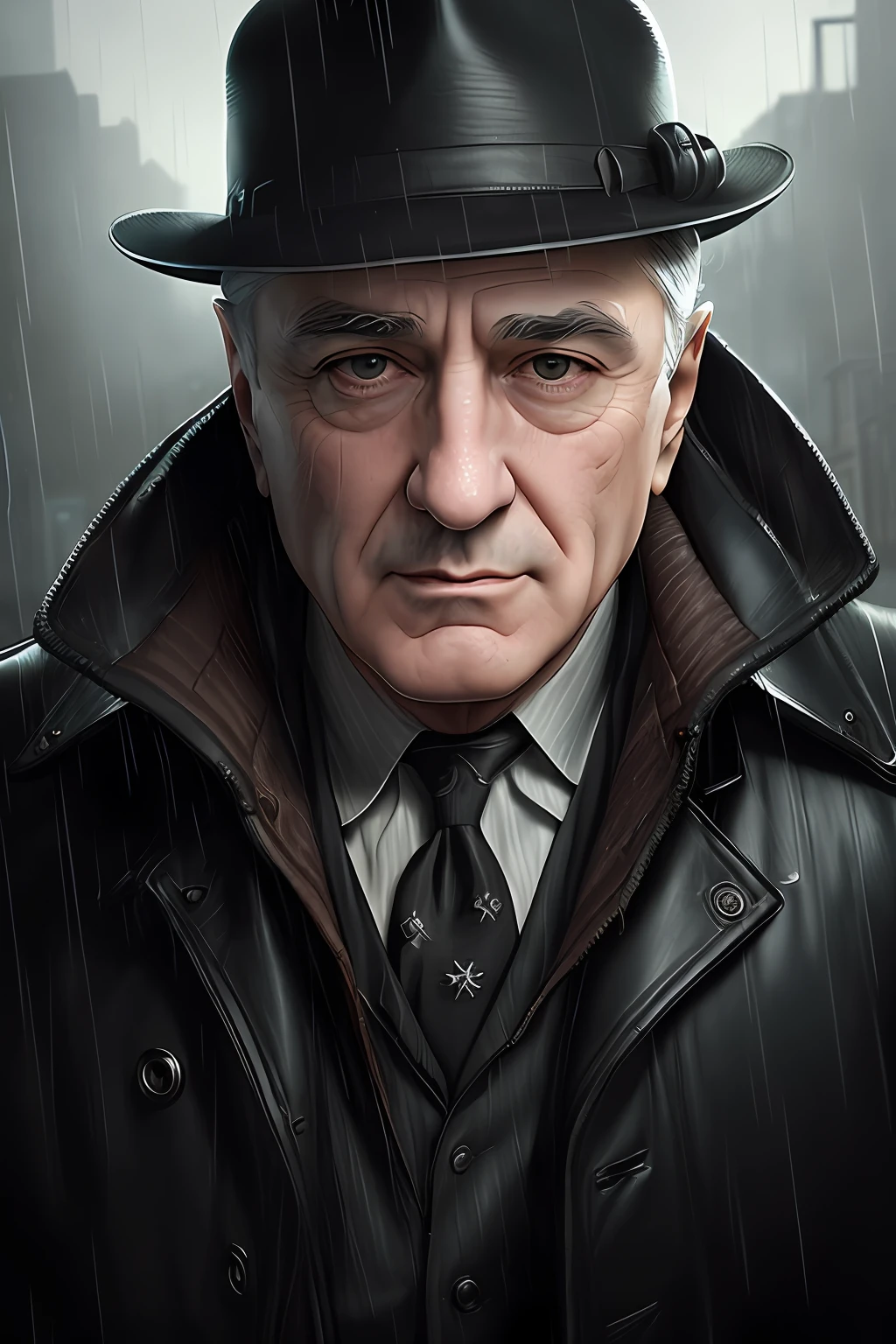 (masterpiece,best quality: 1.2), ultra-detailed face, (muted colours:1.2, dark studio, rim lighting, two tone lighting, dimly lit, low key, ), ((heavy rain weather)),long leather rain coat, a poster for a 1930s \(style\), noir detective movie,(noir atmosphere:1), gloomy atmosphere,night city street, emphasis on noir colors, New York in the 1930s, and Detective robert di niro just returned to his office after a long day of pounding the pavement, trying to solve the latest case that had been thrown his way. It was a tough one, and he was no closer to finding the perpetrator than he was when he started, trending on ArtStation, trending on CGSociety, Intricate, High Detail, dramatic, photorealistic painting art by midjourney and greg rutkowski,