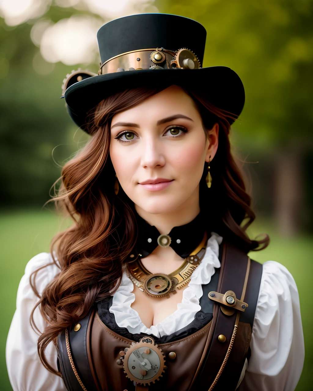 Portrait of a (steampunk woman), Shot on Sony A1 with Sony 50mm f/1.2 GM lens, natural light, low key, natural colors, film style, Kodak film, film look, high resolution, photo, photographic, hyper realistic, photorealistic, highly detailed