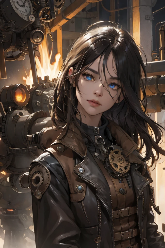 (absurdres, highres, ultra detailed), 1woman, mature female, aged up, wavy long hair, split-color hair, heterochromia, bangs, long sleeves, finely detailed eyes and detailed face, extremely detailed CG unity 8k wallpaper, intricate details, (style-rustmagic:0.8), (medieval cyborg:0.8), portrait, (bloody wounds:0.7), looking at viewer, solo, half shot, detailed background, (steampunk theme:1.1) determined expression, dark couds technomancer, floating lights, color leather vest with gears, techwear, jetpack, workshop in background, machines, gears, steam, industry, technology, furnace, grime, anvil, buttons, levers, automaton, electricity, electric sparks epic atmosphere,, portrait