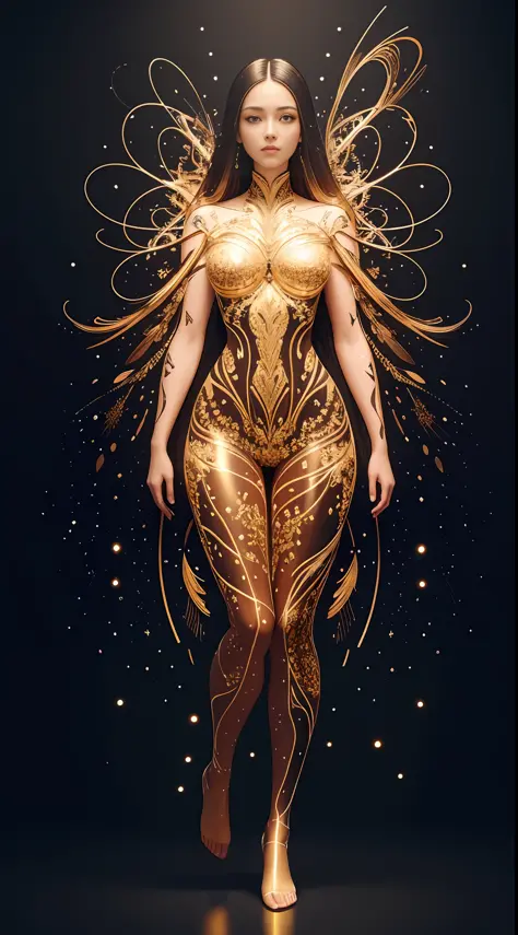 Beautiful symmetrical full body photo painted in oil with thick brushstrokes and wet paint, Fibonacci, golden ratio, melted wax,...