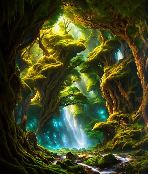magical realm forest with a cave fantasy background by Akira Toriyama and Albert Koetsier photorealistic style photography ultra...