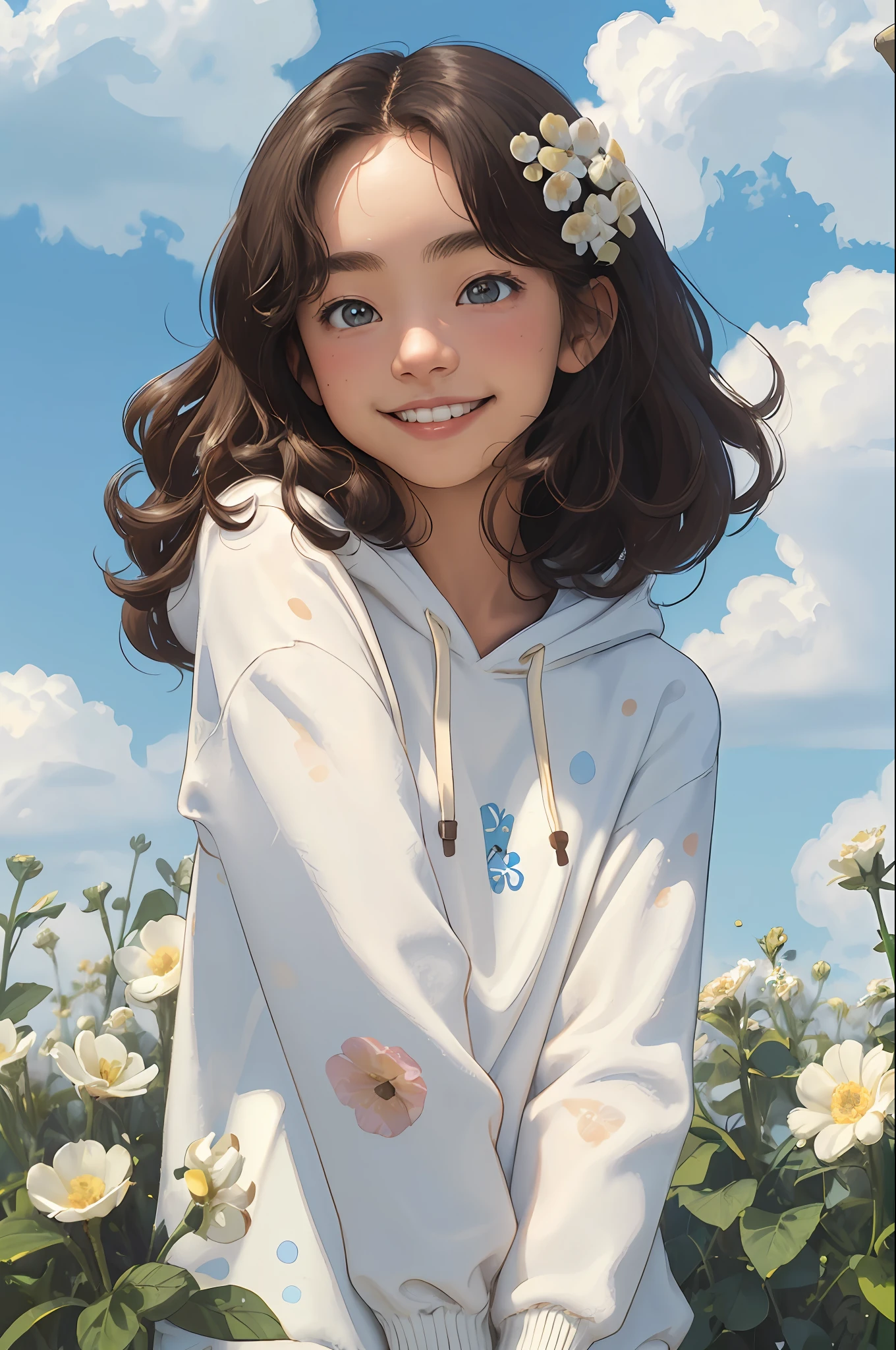 (masterpiece, best quality),1girl, solo,  outdoors, letterboxed, day, sky, looking at viewer, cloud, brown eyes, 
curly hair,gradient hair,hoodie,polka dot hoodie, flower_shop ,  upper body, blue sky, depth of field, light smile,