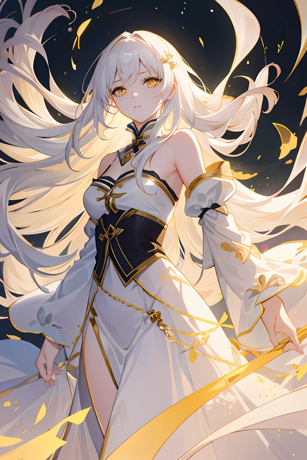 an extremely delicate and beautiful CG illustration, best quality, high resolution, dynamic angle, full-length shot, (1girl), yellow eyes and straight long white hair, floating, soft light, high-key lighting)