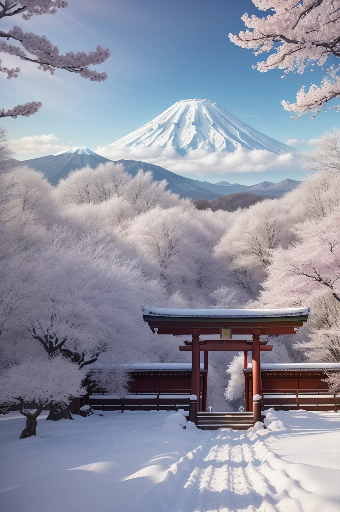 Hyperréalisme，8k，(Détails élevés)，cinéma maxon 4d，Au milieu de la montagne enneigée, une belle ancienne porte torii japonaise se tenait devant moi, avec le majestueux mont Fuji en arrière-plan. une fleur de cerisier, ce qui a ajouté une touche de rose au paysage serein et pittoresque. Des feuilles rouges flottaient des branches et tourbillonnaient autour de moi, comme s’ils me guidaient vers cette oasis de paix. Sans personne d&#39;autre autour, Seuls les bruits de la nature et le silence de cette ancienne structure m’accompagnaient, en faire un lieu où le temps semblait s’être arrêté