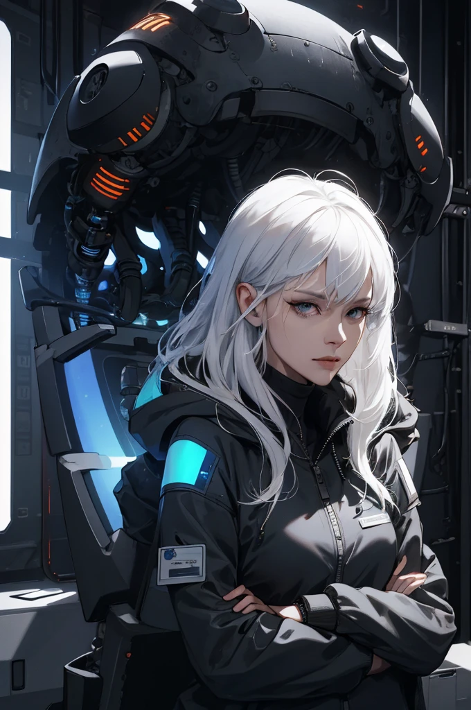 (absurdres, highres, ultra detailed), 1woman, mature female, aged up, wavy long hair, white hair, black eyes, bangs, long sleeves, finely detailed eyes and detailed face, extremely detailed CG unity 8k wallpaper, intricate details, portrait, looking at viewer, solo, (full body:0.6), detailed background, detailed face, (matrix theme:1.1) evil high-tech futuristic hacker,  advanced technology, hoodie, techwear, wearable device, keycard, cables, head-up display, blue (holographic display:1.05), access granted,   cybersecurity, server room in background, orange lights,  dark sinister atmosphere, , portrait, wind swirling