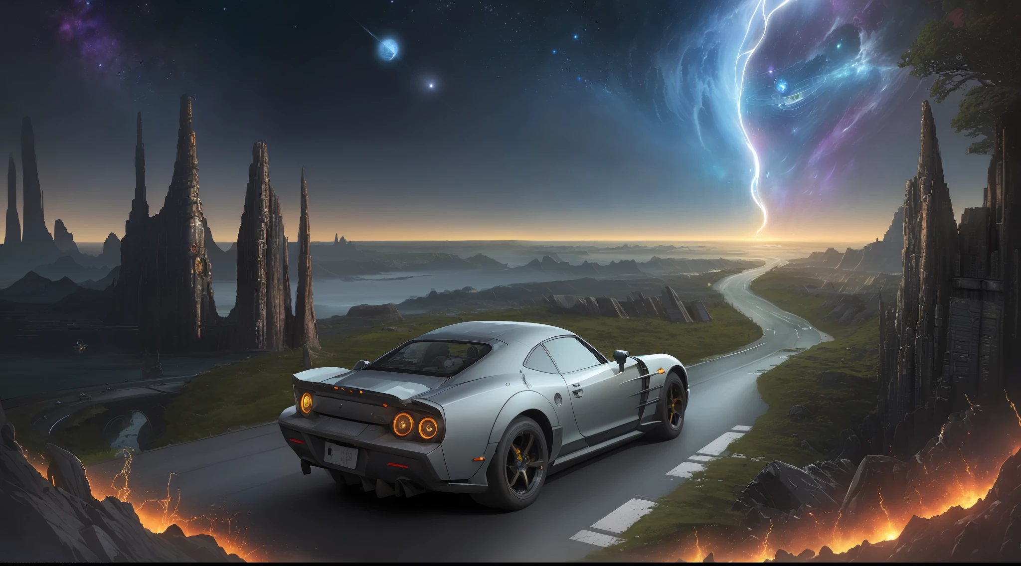 high quality, masterpiece, driving vehicle, highway, swirls and fractals, space time continuum elden ring, hellfire, meteor, cosmos, the unknown, Berserk, the apocalypse, dystopian cyberpunk, background art, navy, boats, landscape scenery, happy, joyful, blissful scenery, living forest, magical fantasy, deep groove haven, mystical fairies