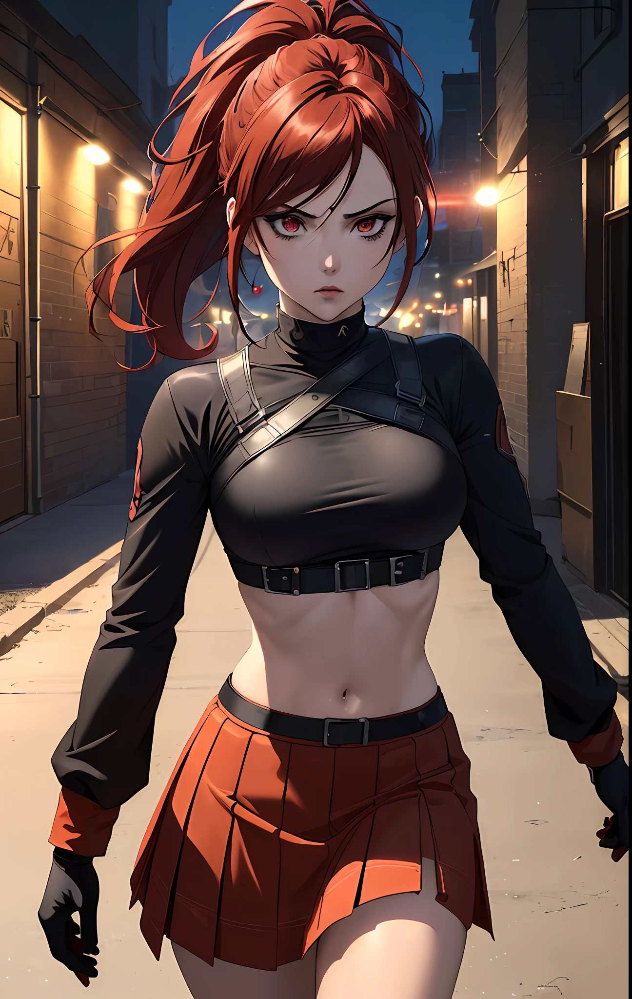((((dramatic))), (((gritty))), (((intense))),anime character,1girl,solo,dark red hair,tied up hairstyle, wearing gloves,wearing a crop top,wearing a skirt, modern art,hair covering eye's,, beautiful face, beautiful eye's, vibrant colors, night, highest quality digital art, Stunning art, wallpaper 4k,8k,k, HD, unparalleled masterpiece, dynamic lighting, cinematic, epic