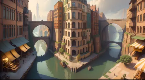 ((masterpiece)),((best quality)),((high detial)),((realistic,)), Industrial age city, deep canyons in the middle, architectural streets, bazaars, Bridges, rainy days, steampunk, European architecture, evening, deeply detailed