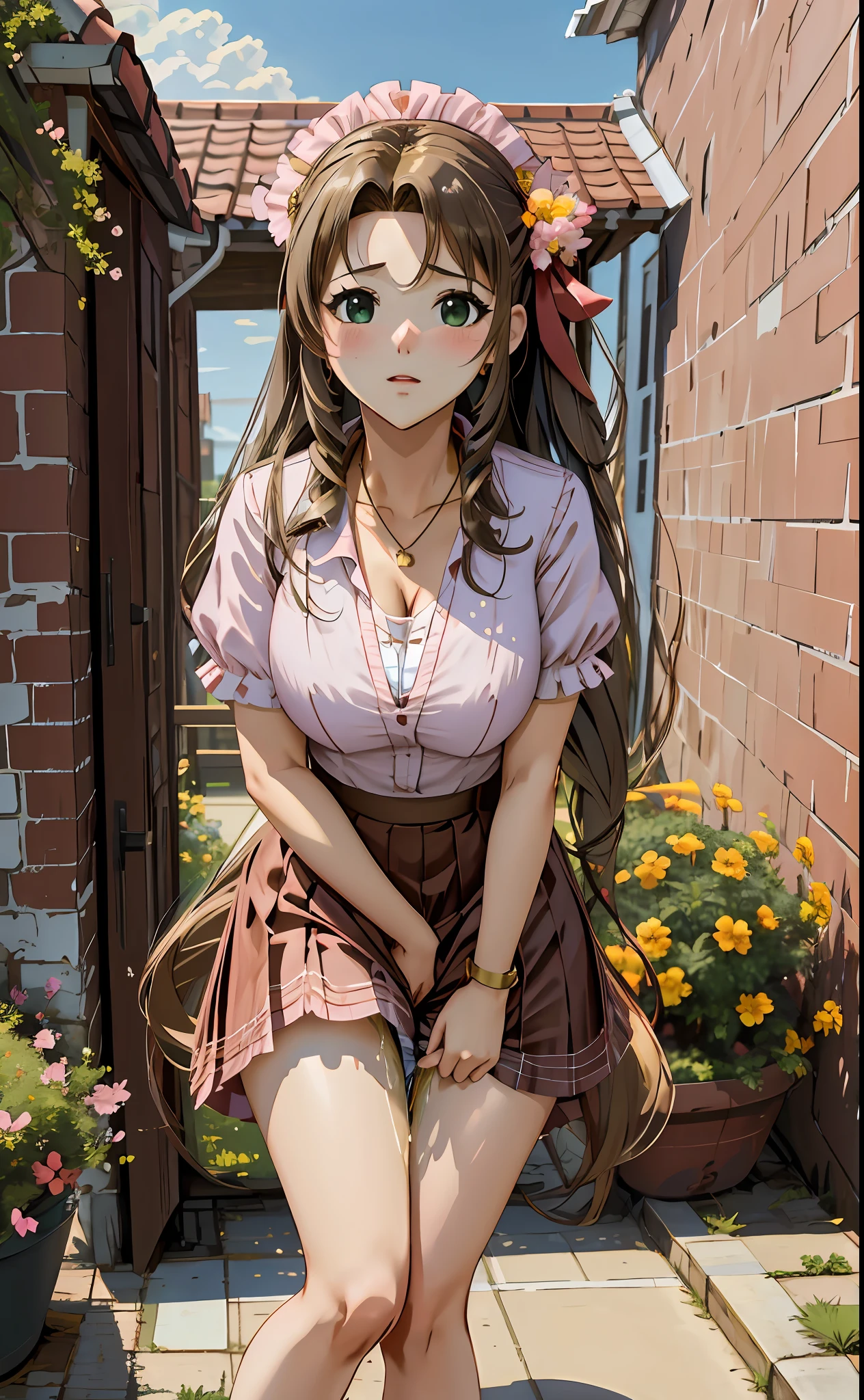 a3r1th, aerith multi view upper body, upskirt panties view, legs together, a3r1th, peeing, peeing herself, perfect female figure, Aerith Gainsborough, holding small flower basket, green eyes, surrounded by other people, indoors, classroom, sunny, choker, , hair bow, bracelet,  skirt, lolita shoes, pantyhose, looking down nervously, shy, embarrassed, aroused, shocked, panicking, worried, outdoors, very desperate to pee, urination, legs crossed, rape face, full-face blush, high detail, Realism, Hyperrealism, multiple views, from below, wide shot, ccurate, masterpiece, highres, UHD, anatomically correct, super detail, best quality, highres, 8k