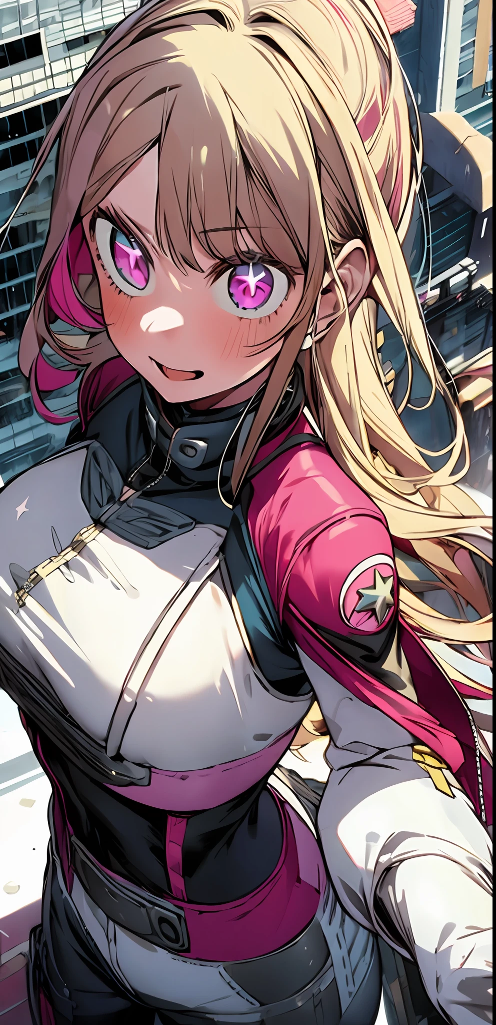 1girl, solo, my hero academia hero suit , bangs,happy,posing, multicolored hair, (masterpiece:1.2), highres, best quality, 8k, rainy city background, pink hero suit, white gloves, super hero tight suit, star-shaped pupils in left eye, blonde hair, long hair, pink eyes, blonde, bangs, posing, multicolored hair, serious