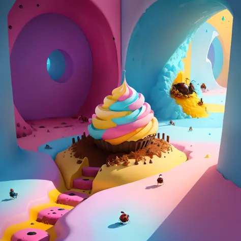 Anthill in a world of colorful ice cream with an entrance ants running inside