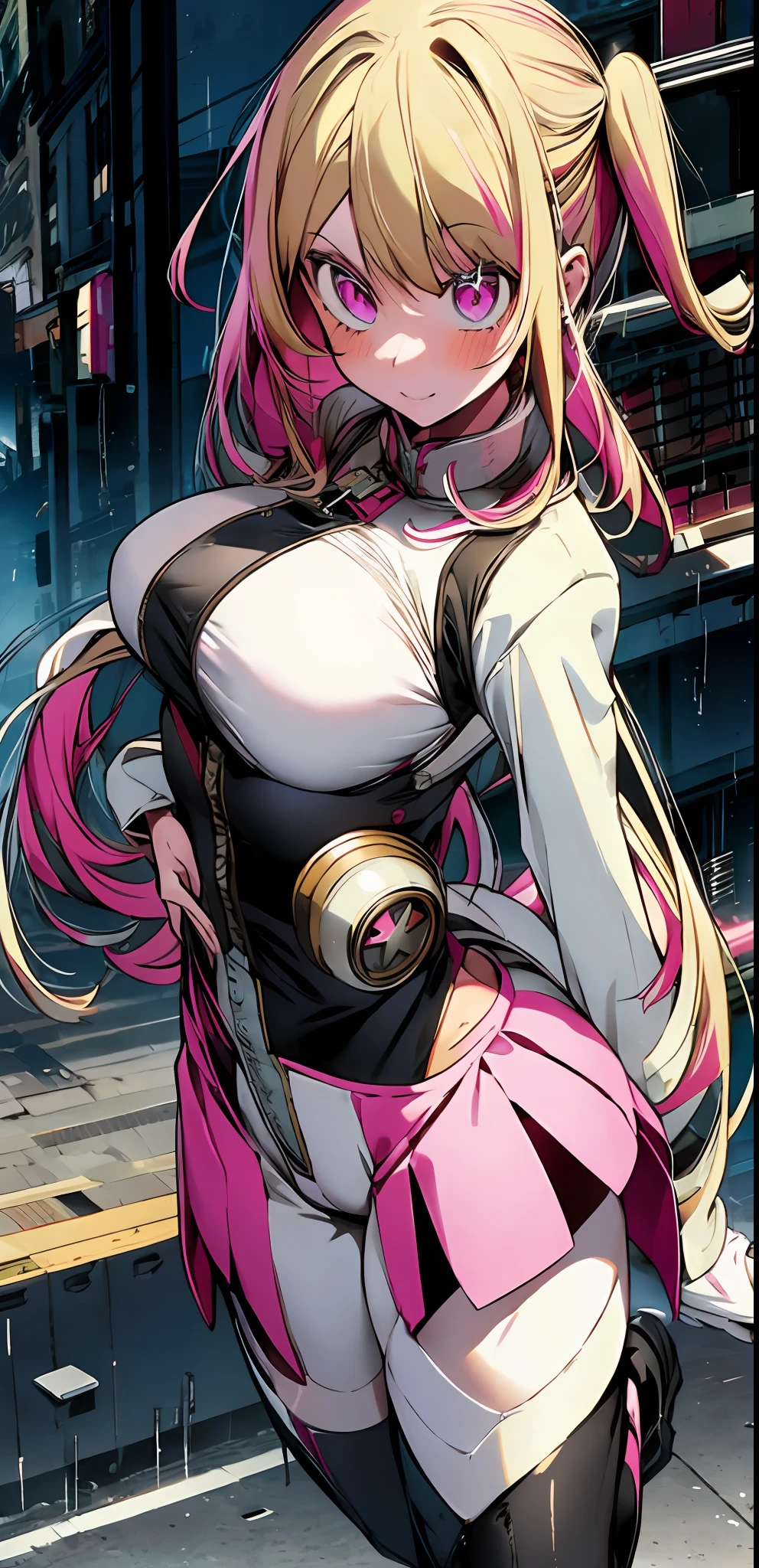 1girl, solo, my hero academia hero suit , bangs,happy,posing, multicolored hair, (masterpiece:1.2), highres, best quality, 8k, rainy city background, pink hero suit, white gloves, super hero tight suit, star-shaped pupils in left eye, blonde hair, long hair, pink eyes, blonde, bangs, posing, multicolored hair, serious