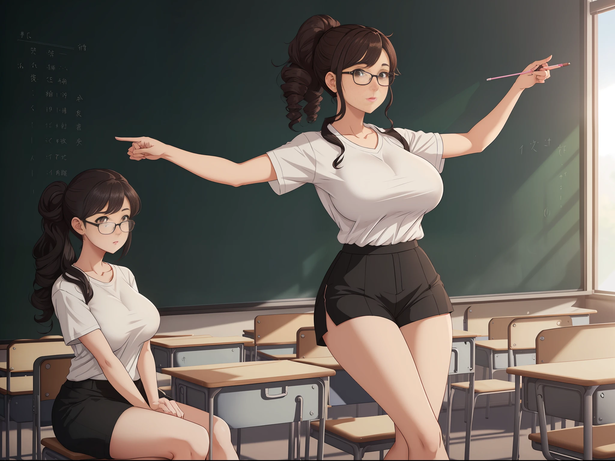 ((1woman/teacher's outfit/eyeglasses/huge breasts/white T-shirt/short black shorts/long curly hair up to the knee/standing/legs open/holding chalk/arms above chest/pose, Unreal Engine 5, Anime Style, Masterpiece, Max Resolution/Sharpness/Quality/Detail, in front of the blackboard with her hand pointed at him, inside a classroom with several students seated.