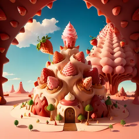 anthill with cute upside down dripping strawberry ice cream cone with cherry with an entrance for ants