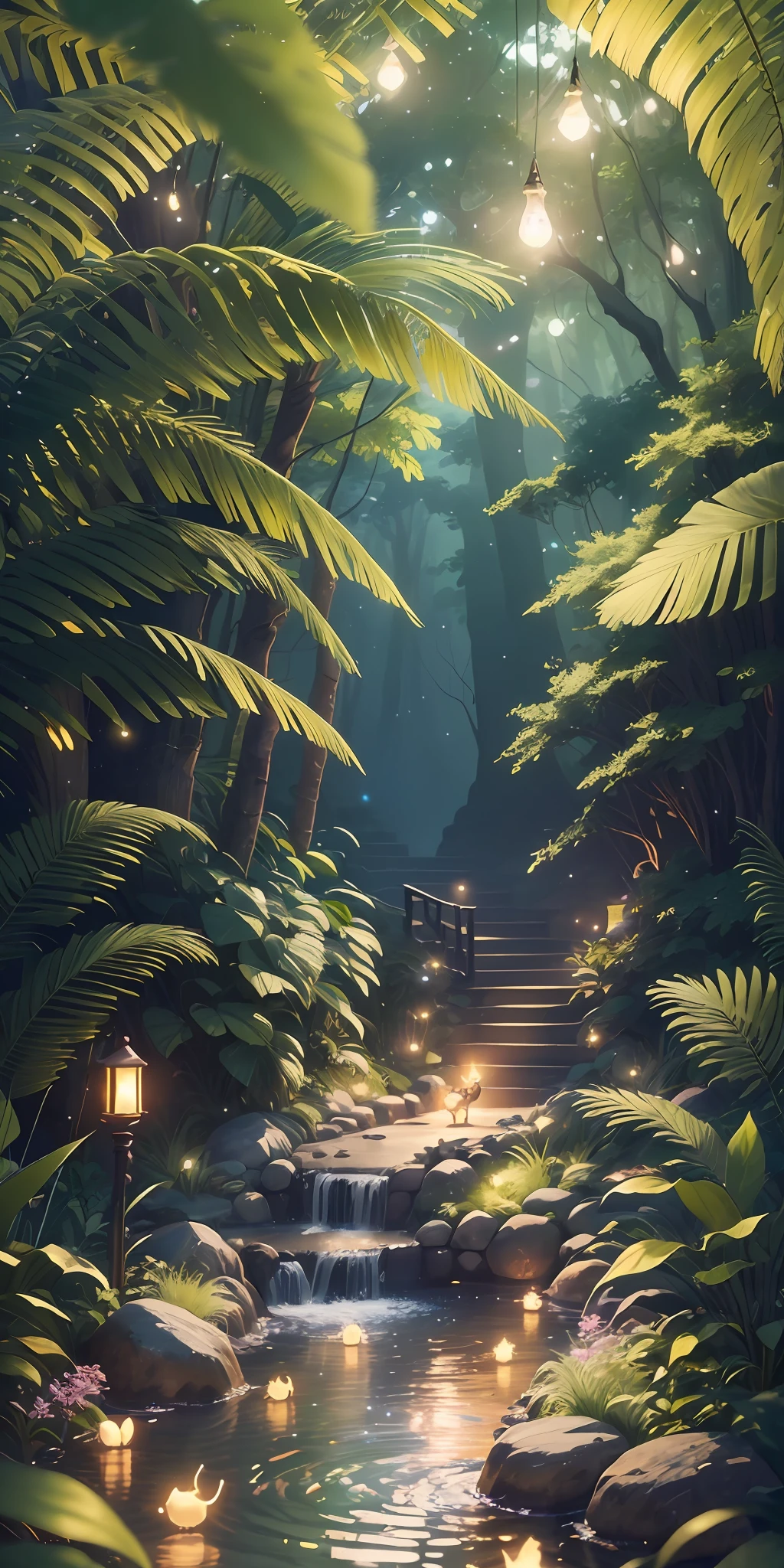 Masterpiece, best quality, (very detailed CG unity 8k wallpaper), (best quality), (best illustration), (best shadows), glow sprite, with a glowing deer, in the swimming pool Drinking water, natural elements in the forest theme. Mysterious forest, beautiful forest, nature, surrounded by flowers, delicate leaves and branches surrounded by fireflies (natural elements), (jungle theme), (leaves), (twigs), (fireflies), (particle effects) etc. 3D , Octane rendering, ray tracing, super detailed --v6