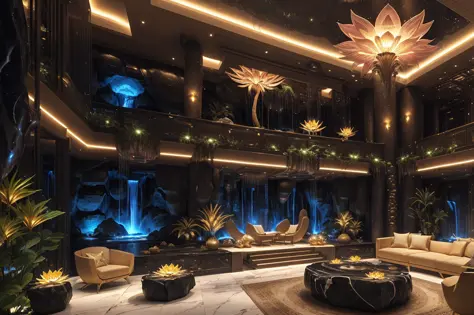 incredible luxurious futuristic interior in Ancient Egyptian style with many lush plants (lotus flowers:1.5, palm trees:1.4, roc...