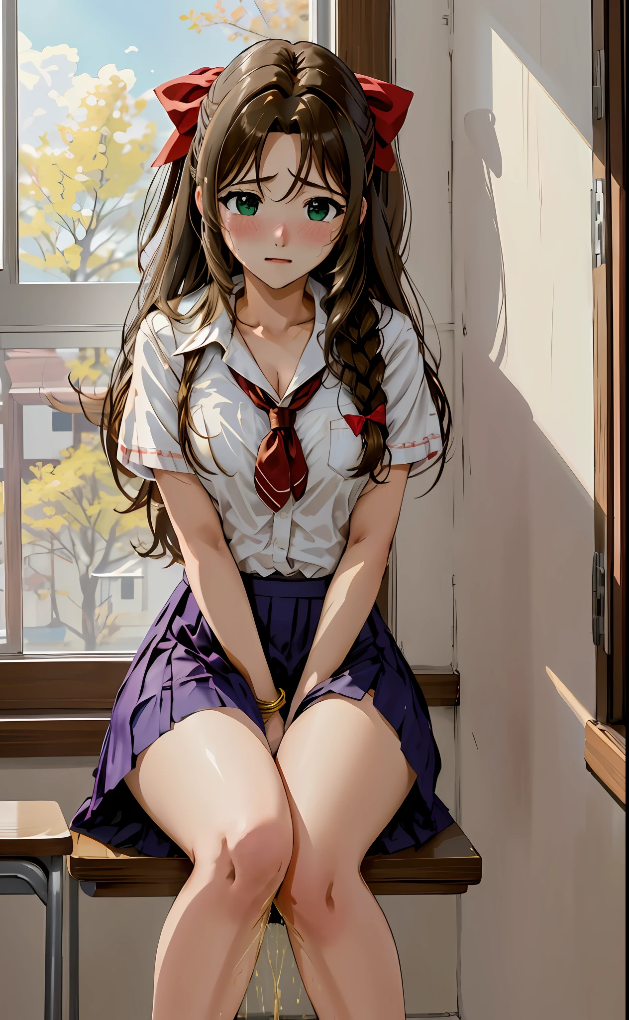 indoors, busy classroom, sitting, a3r1th, upskirt panties view, legs together, a3r1th, peeing, peeing herself, perfect female figure, Aerith Gainsborough, pantyhose, holding pen, green eyes, , hair bow, bracelet,  skirt, looking down nervously, shy, embarrassed, sad, crying, aroused, shocked, panicking, worried, very desperate to pee, urination, legs crossed, rape face, full-face blush, high detail, Realism, Hyperrealism, multiple views, perspective, ccurate, masterpiece, highres, UHD, anatomically correct, super detail, best quality, highres, 8k