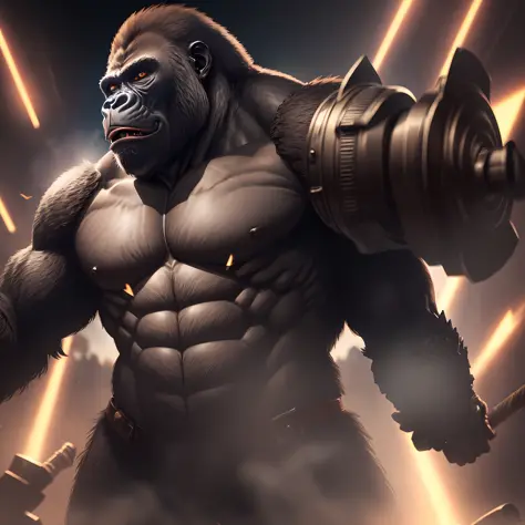 Gorilla with armor, club in hand, roar, 8k quality, cinematic focus