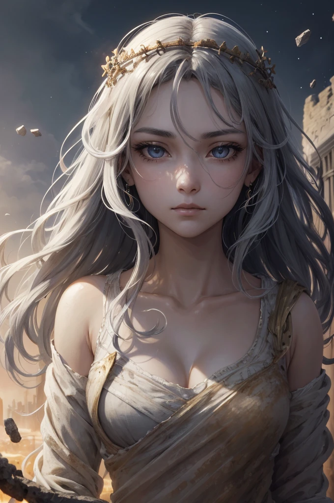 (absurd, high resolution, super detail), 1 woman, young, wavy long hair, gray hair, black eyes, bangs, long sleeves, fine eyes and fine face, highly detailed CG Unity 8k wallpaper, intricate details, looking down, solo, full body, detailed face, stoic expression, dynamic pose, flowing hair, classical period, (ancient roman theme: 1.1), Roman mythology, Roman Empire, Capua, ancient vineyards, oracles, headlands, iron accessories, ancient theme, (thriving civilization: 1.1), pristine white marble, (intact: 1.1) marble buildings, background hills, braziers, burning embers, night, darkness, stars, aura of light, majestic atmosphere, floating stone particles, , portraits, wind swirl