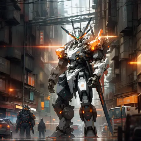 On busy streets, armed with weapons, no humans, glow, robots, buildings, glowing eyes, orange mechs, science fiction, cities, reality, mechs, neon, cyberpunk