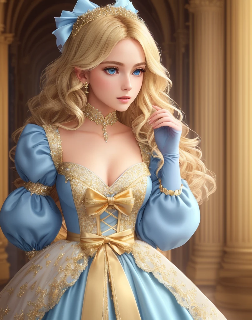 (extremely detailed CG unity 8k wallpaper, masterpiece, best quality, ultra-detailed), best illumination, best shadow, an extremely delicate and beautiful, floating, high resolution, dynamic angle, (1girl), gorgeous, (blonde hair:1.3), stunning blue eyes, delicate neck, sparkling open nostril, royal Victorian fairytale ballgown, gold stiff material, sparkling jewels,(huge puffed sleeves: 1.2), adorned with (bows: 1.2) and (crosses: 1.2).