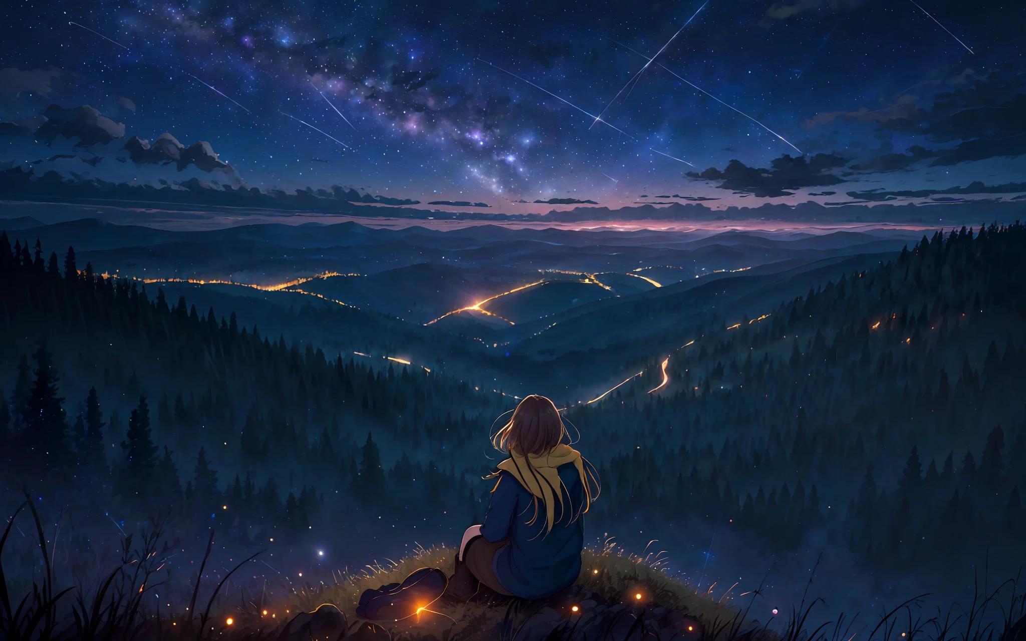 1 garota sentada em uma colina olhando para um céu noturno vibrante de estrelas cadentes, floresta, temperamental, virada para fora, astrofotografia, luar atmosférico, alta resolução, Cidade distante
