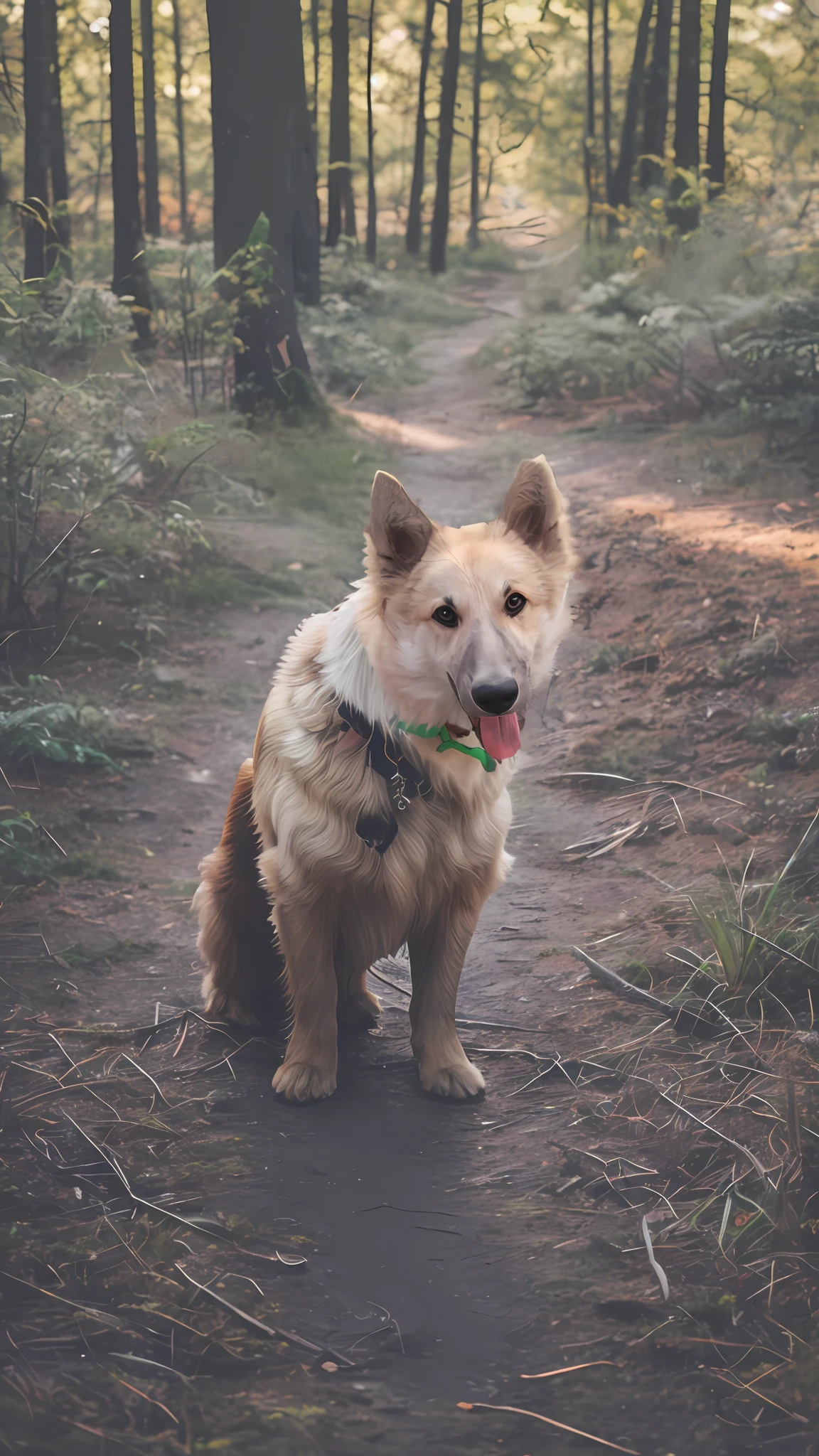 There is a dog that is sitting on a path in the woods - SeaArt AI